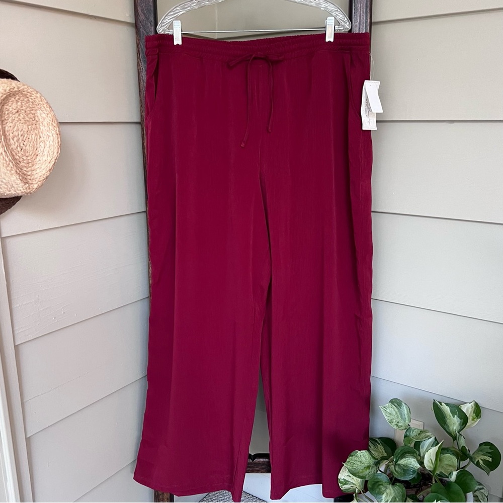 French Laundry Wide Leg Dress Pants Womens Size 3X Maroon Drawstring Pockets NWT